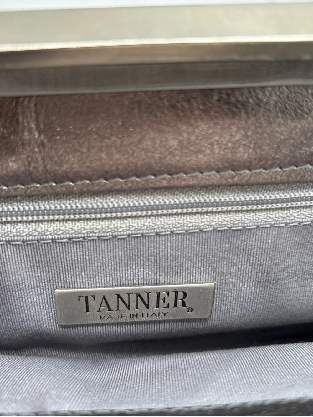 Tanner Italy Metallic Gunmetal Silver Leather Convertible Shoulder Clutch Bag